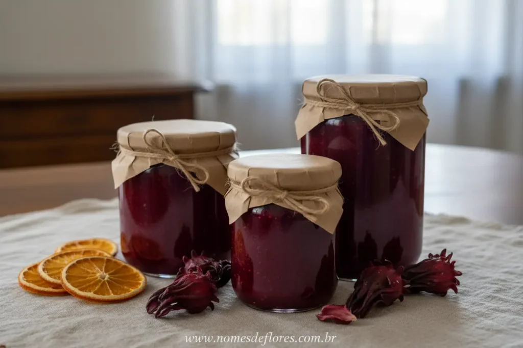 Geleia artesanal de hibisco com laranja e limão, em pote de vidro.