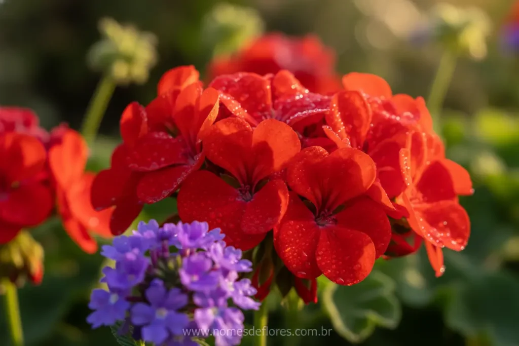 Flores coloridas de Gerânios e Verbena sob sol pleno