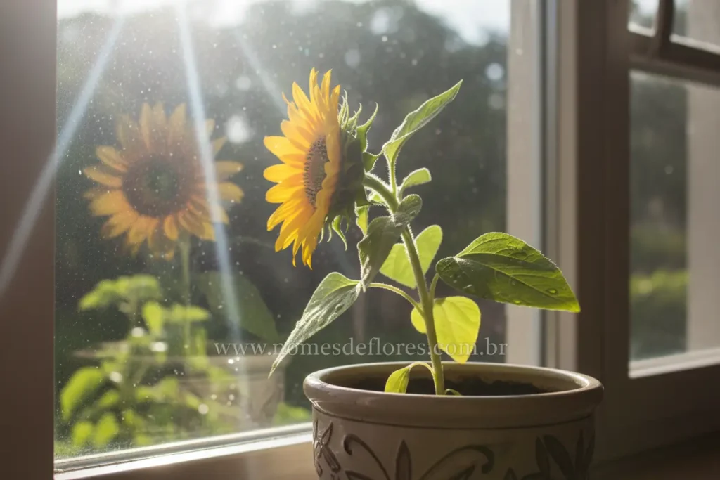 Girassol vibrante em vaso sob forte luz solar.