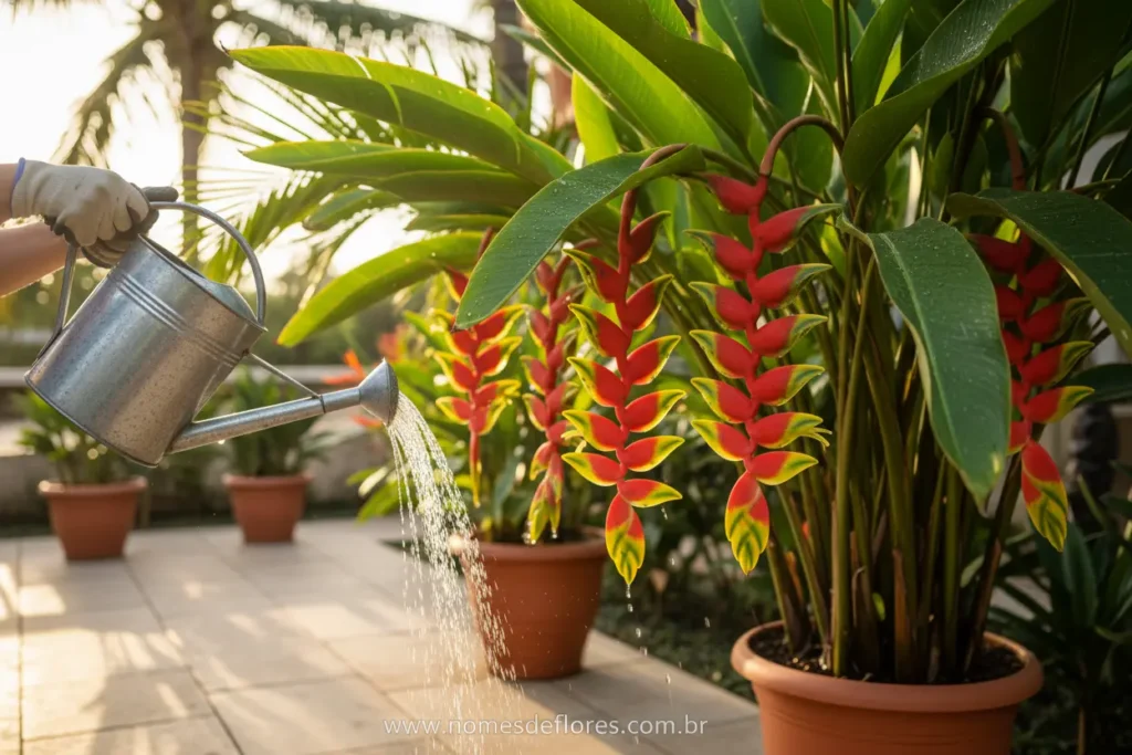 Rega e adubação essenciais para helicônia-papagaio vibrante.