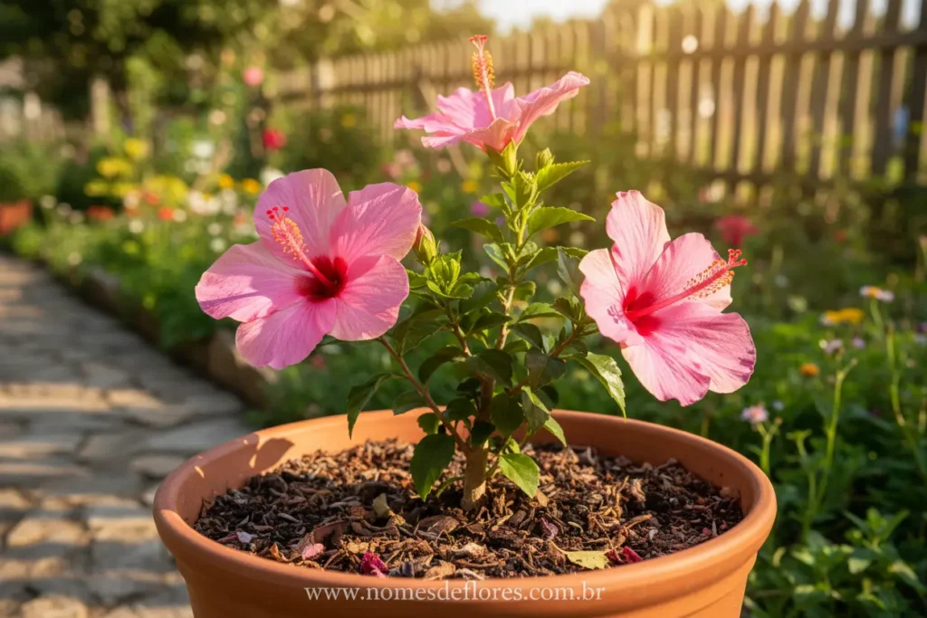 Ambiente ideal para hibisco: sol, solo e vaso adequados.