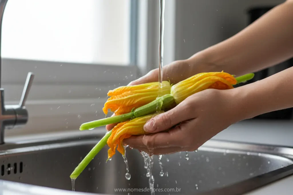 Preparo e limpeza de flores de abobrinha frescas e delicadas.