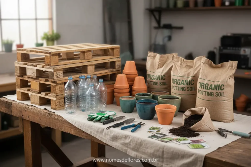 Materiais reciclados e ferramentas para montar floreira DIY