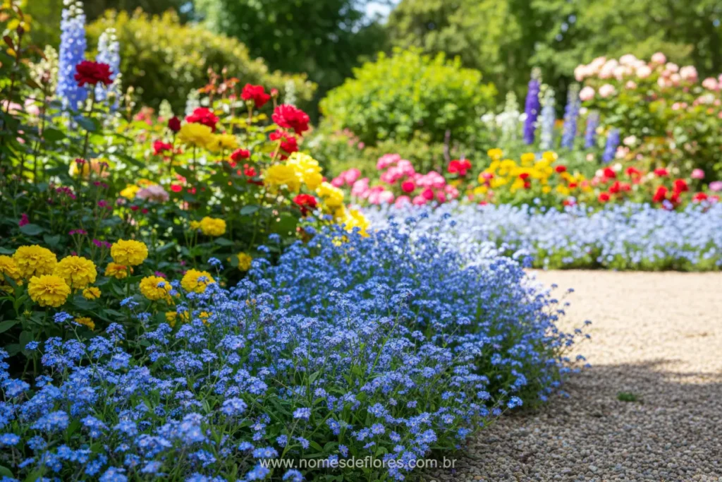 Miosótis plantada em bordadura azul no jardim
