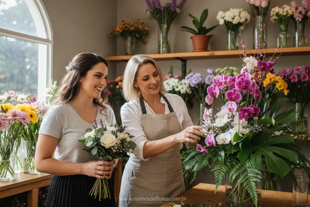Noiva escolhendo flores e cores com a florista.