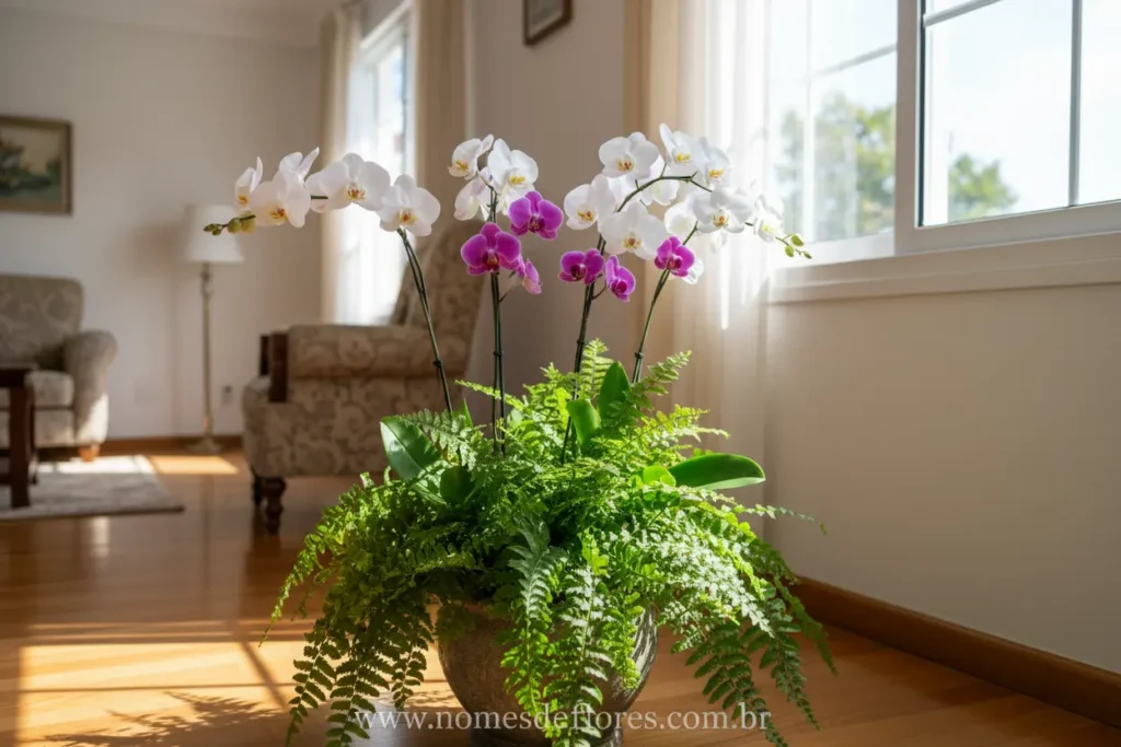 Orquídeas e samambaias crescendo em um ambiente de meia-sombra e alta umidade