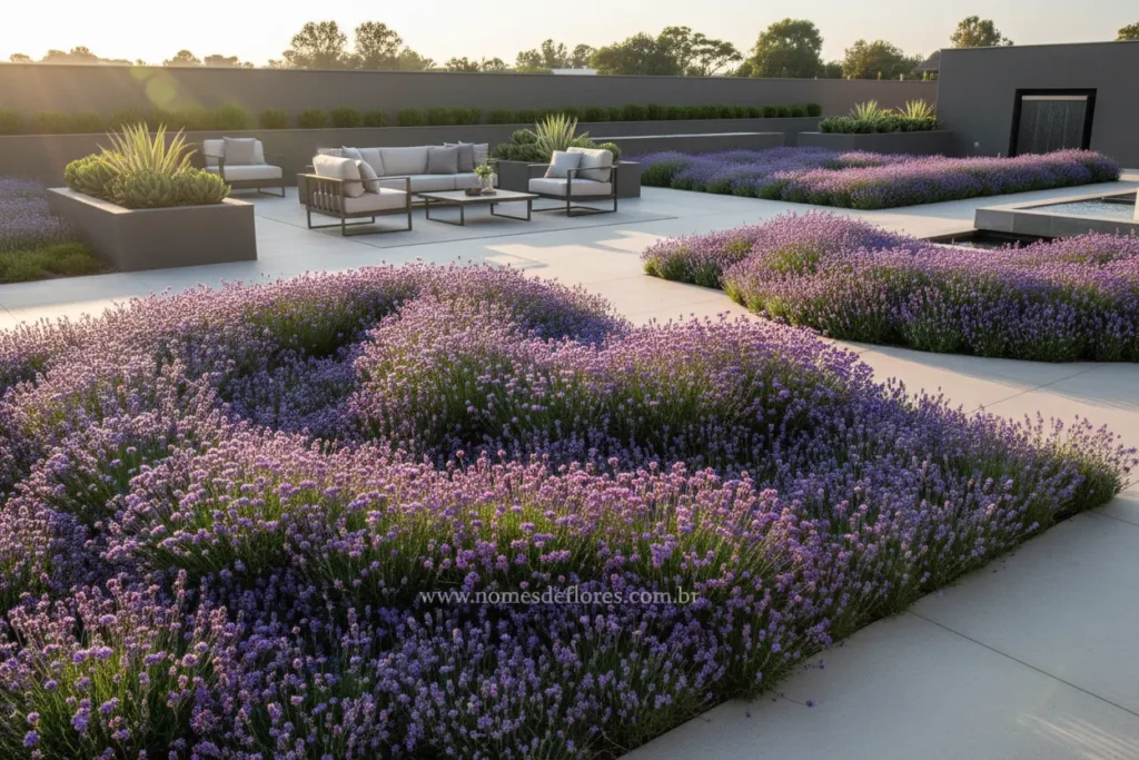 Lavanda e Verbena em projeto de paisagismo mediterrâneo.