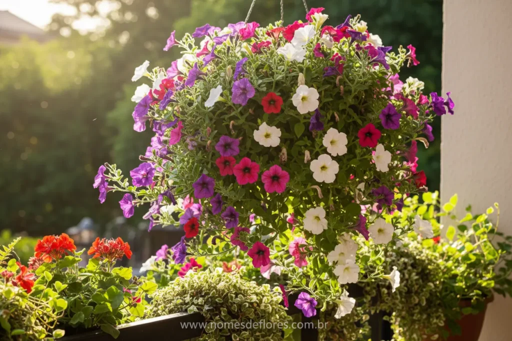 Petúnias vibrantes em vasos suspensos e jardineiras.