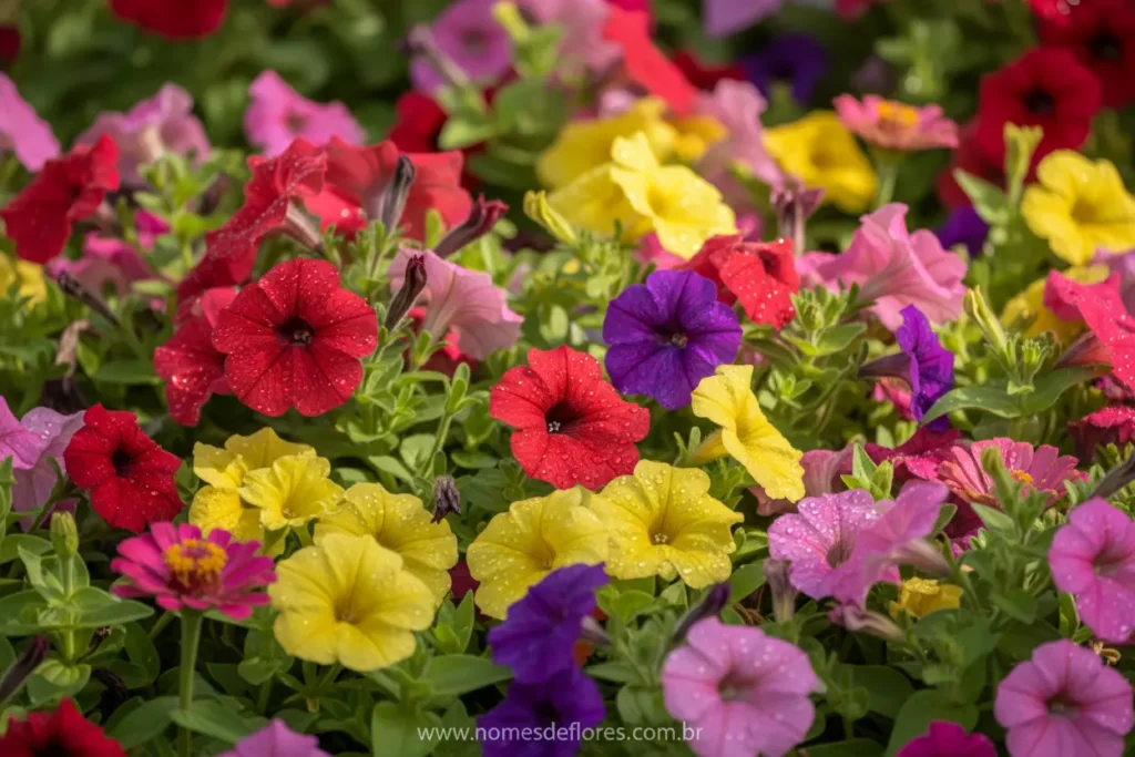 Petúnias e Zínias vibrantes em plena floração de verão.