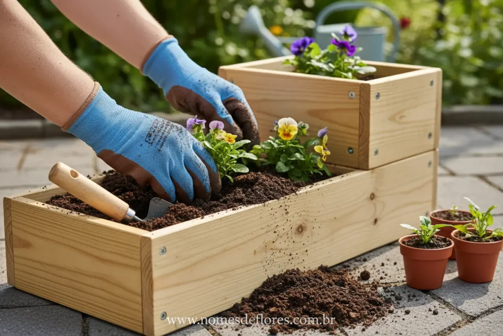 Pessoa plantando flores em floreira vertical de madeira