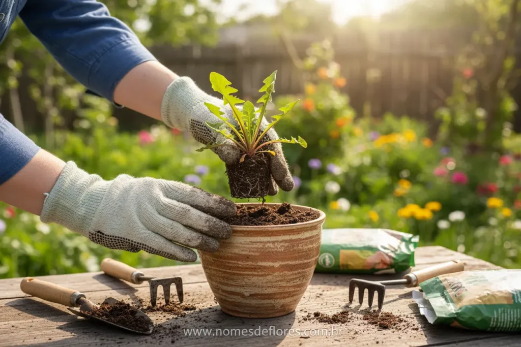 Plantando muda de PANC em vaso com terra adubada.