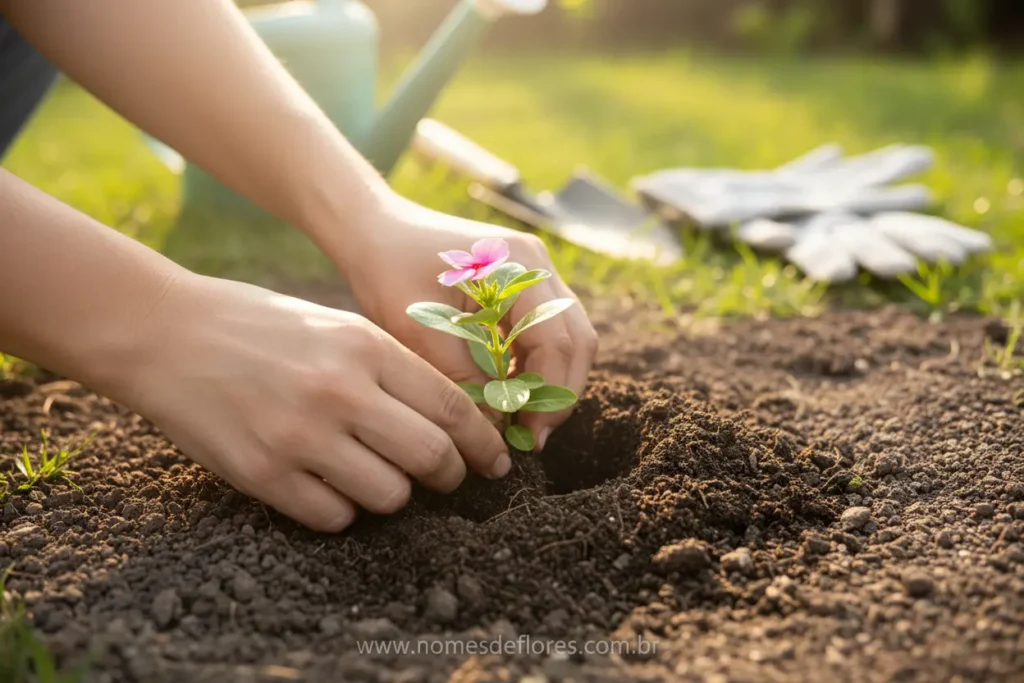 Plantando muda de Vinca em jardim ensolarado.