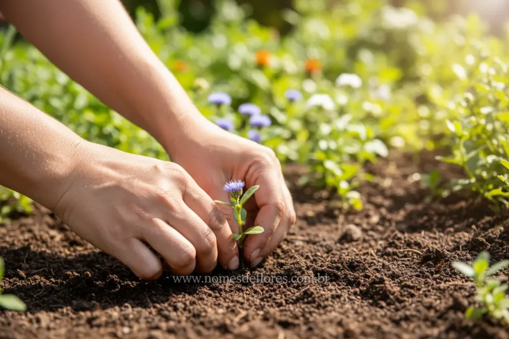 Plantando mudas de Agerato no jardim: solo e luz.