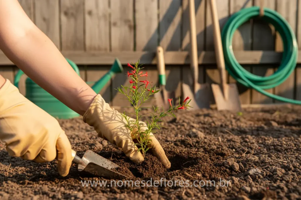 Plantio da Russélia em vasos e canteiros no jardim