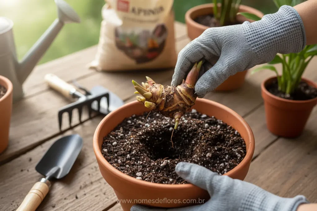 Plantio de rizomas de Alpínia em solo preparado.