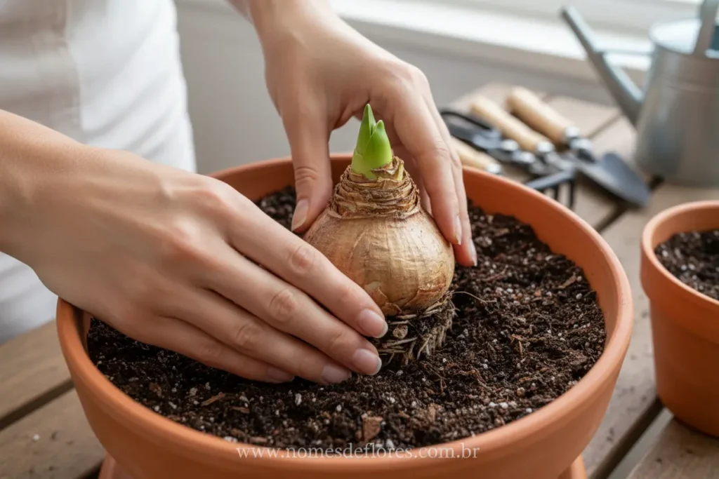 Plantio do bulbo de Amarilis no vaso com terra.