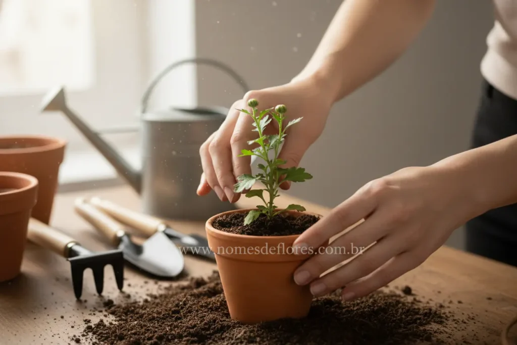 Mãos plantando uma muda de crisântemo em vaso de terra escura.