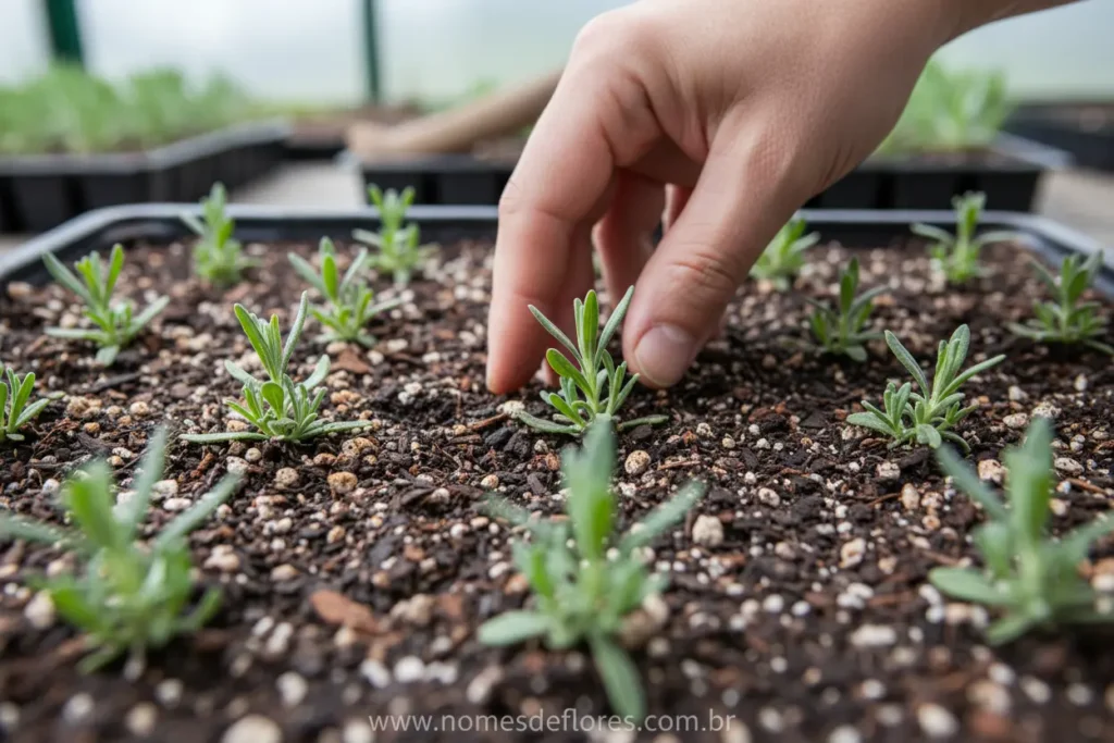 Plantio de estacas de lavanda em substrato bem drenado