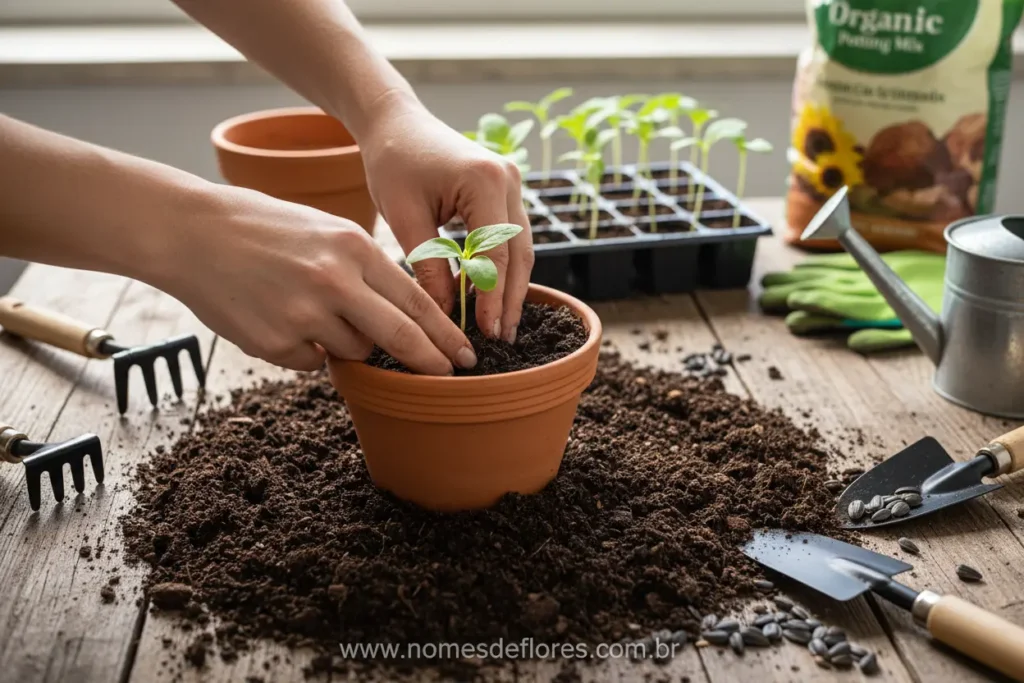 Mãos plantando sementes de girassol em terra fértil.