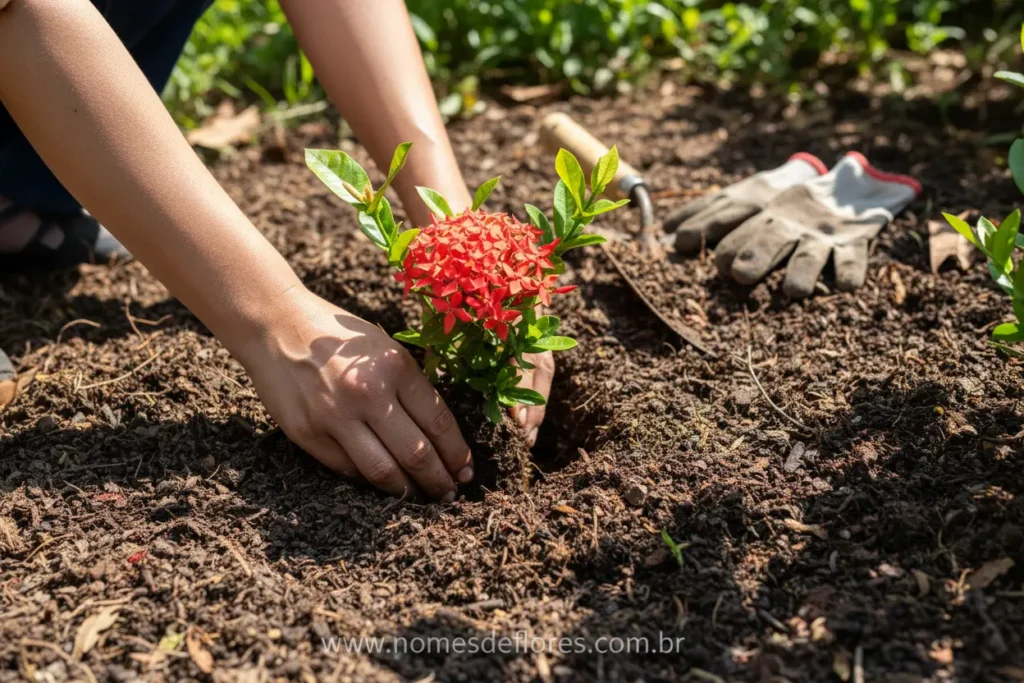 Preparo do solo ácido e drenado para o plantio da Ixora Coccinea