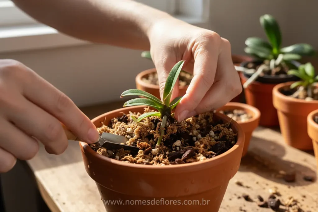 Plantio de muda de orquídea exótica em vaso.