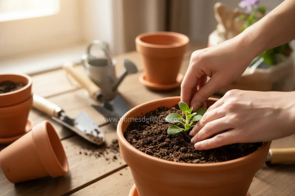 Plantio e cultivo de mudas de Petúnia em solo fértil.