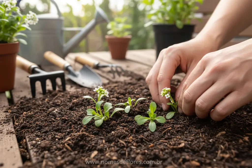 Plantio de mudas de álisso em canteiro para bordadura