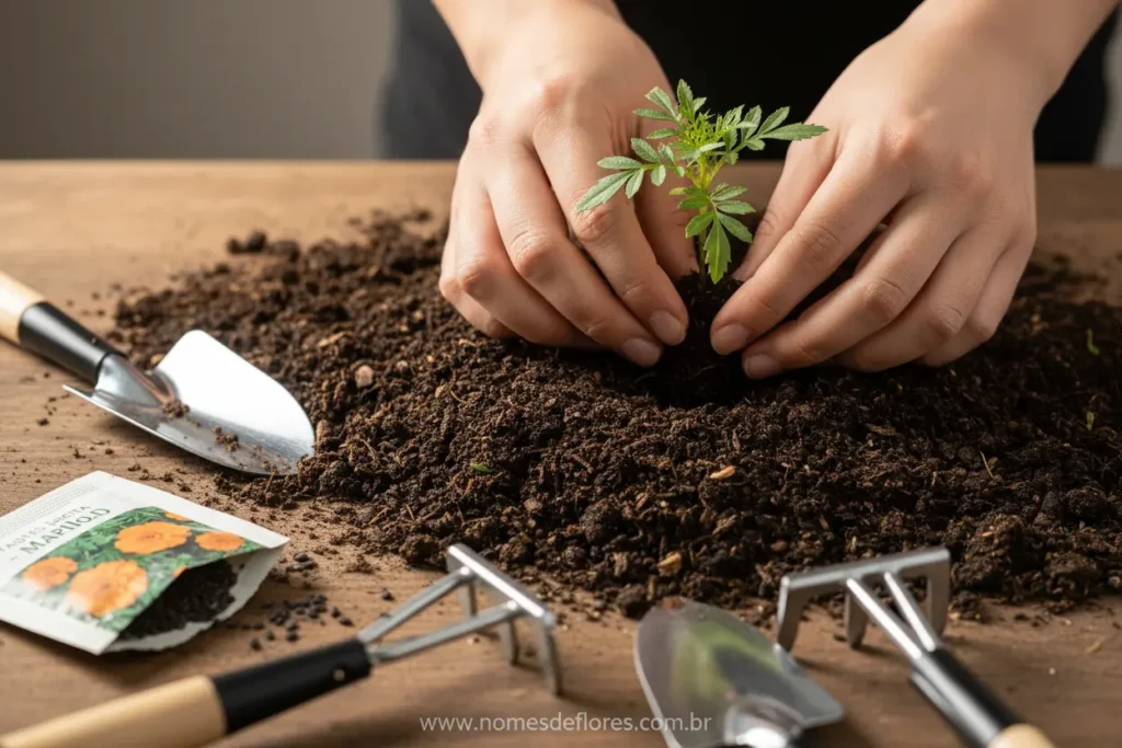 Plantio da Tagetes erecta com as mãos na terra.
