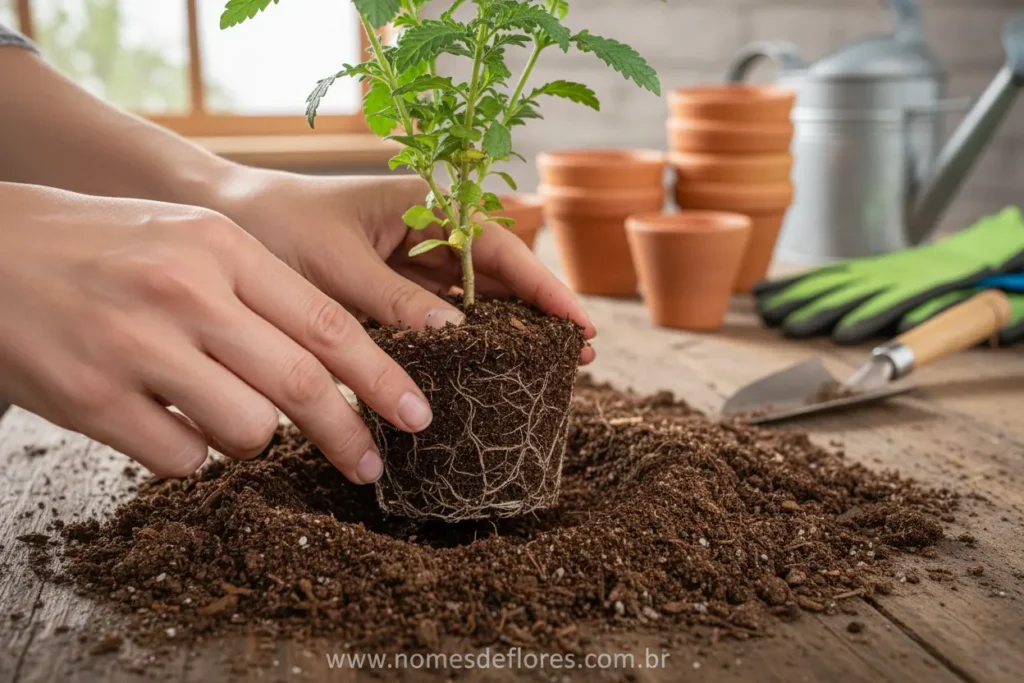 Plantio da Verbena Híbrida em vaso decorativo.