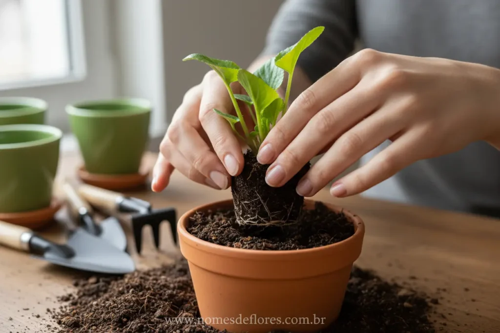 Plantio de Violeta em vaso com terra e mãos.