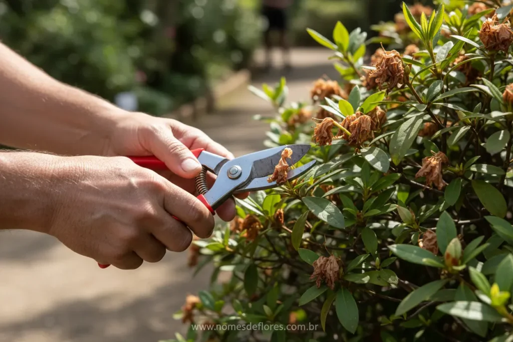Ferramentas e técnicas corretas para a poda de azaleias.