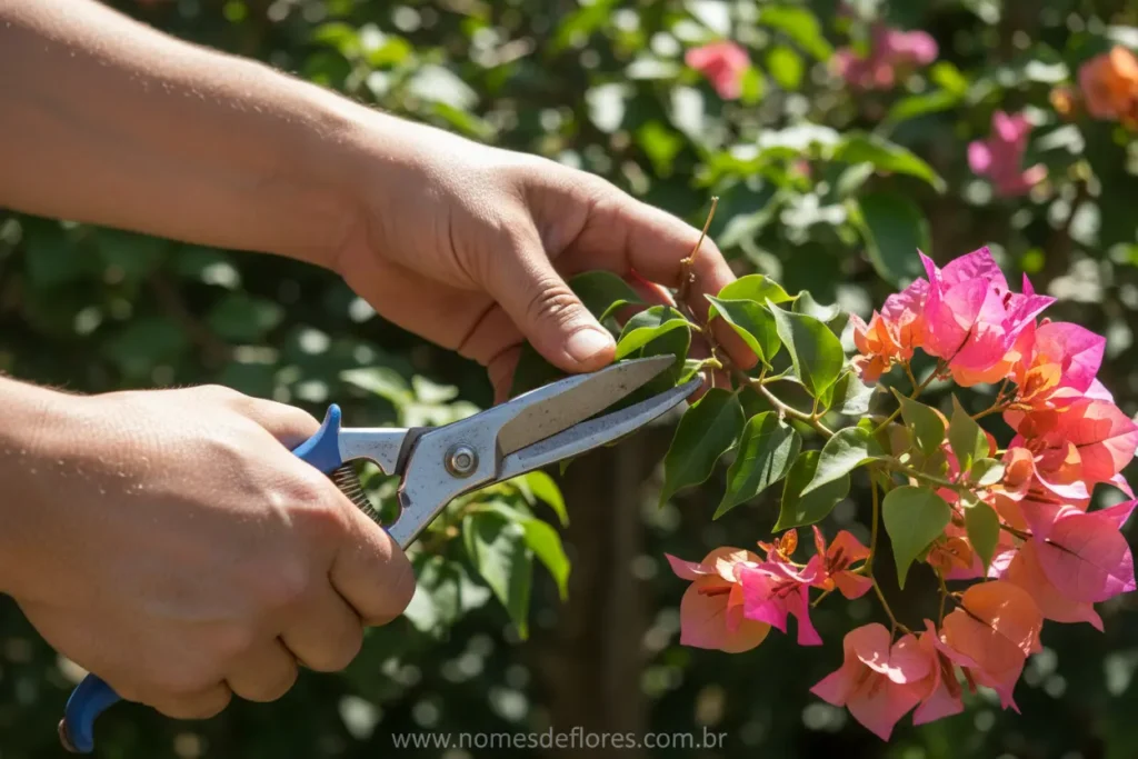 Poda da Bougainvillea para garantir floração abundante.