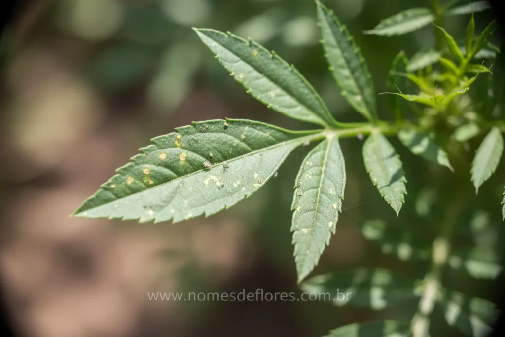 Folha da Tagetes erecta com sinais de ataque de pragas.