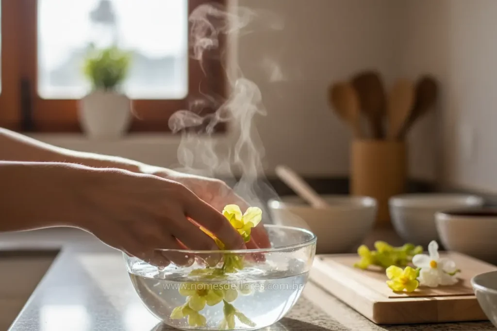 Preparo e limpeza da flor de jambu para receitas culinárias.