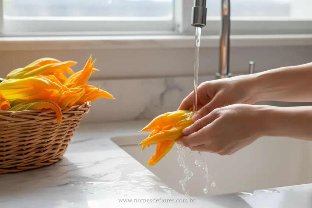 Preparando e limpando flores frescas de abobrinha.