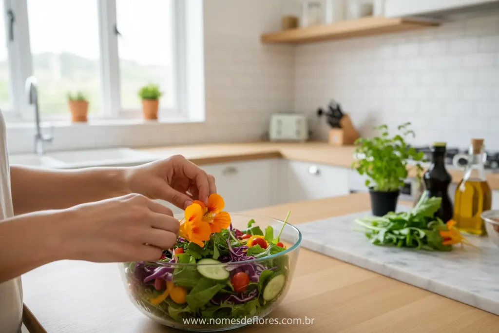 Preparando uma salada fresca com flores de capuchinha.