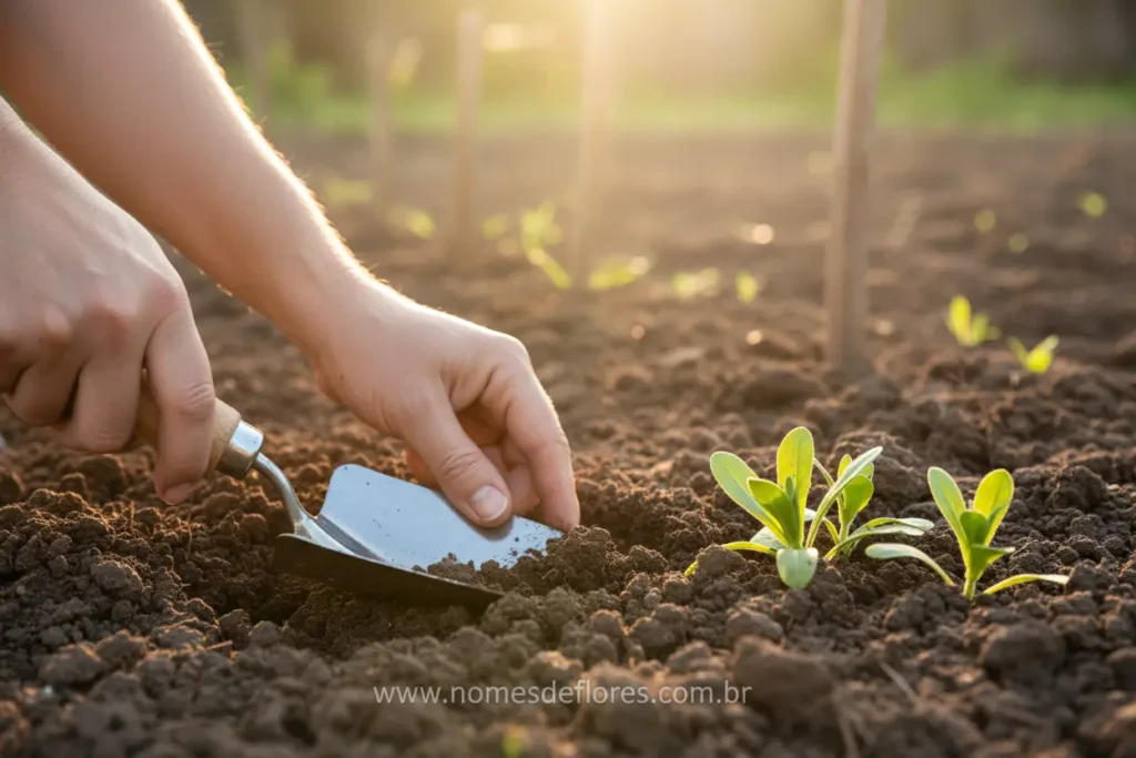 Preparação de solo fértil e bem drenado para o plantio de calêndulas.