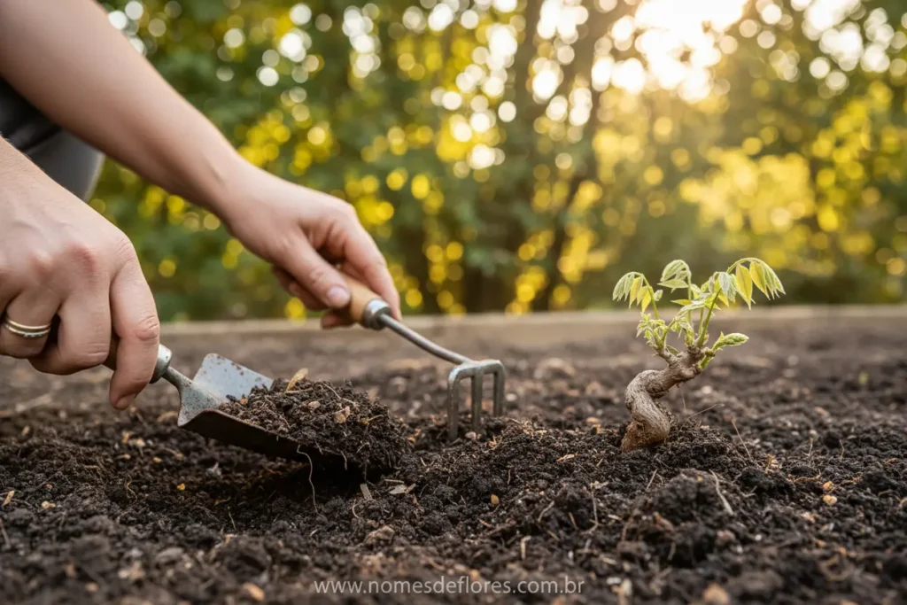 Preparo do solo ideal para o plantio de Glicínia, garantindo boa drenagem.