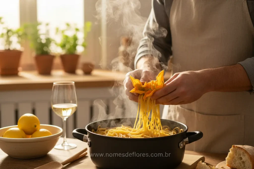 Cozinhando spaghetti com flores de abobrinha e temperos italianos.