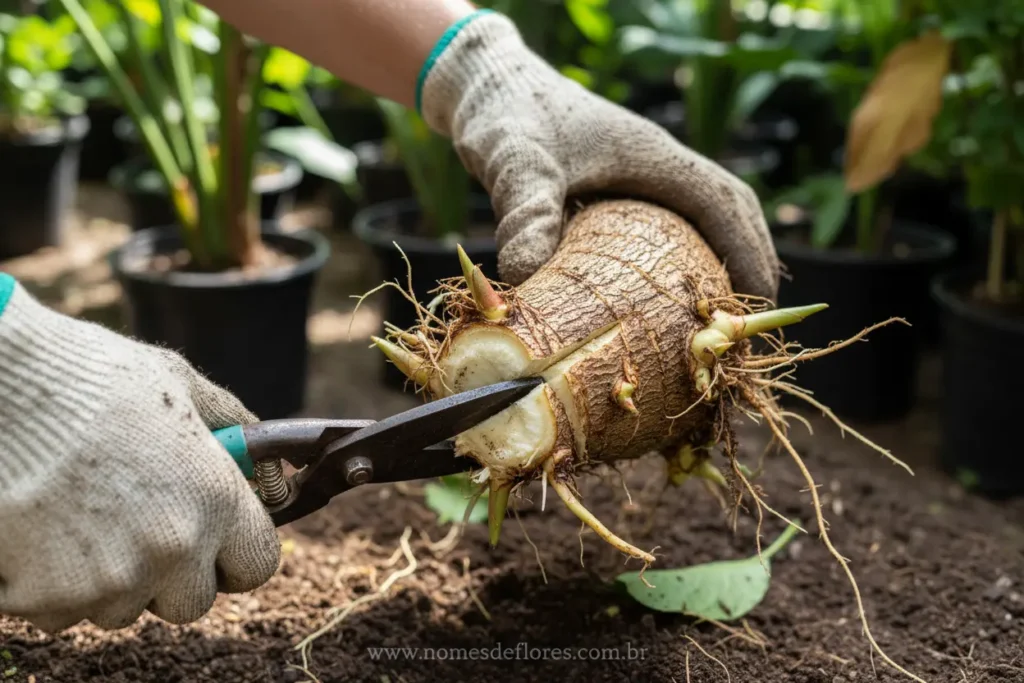 Divisão de rizomas de Alpínia para novas mudas.
