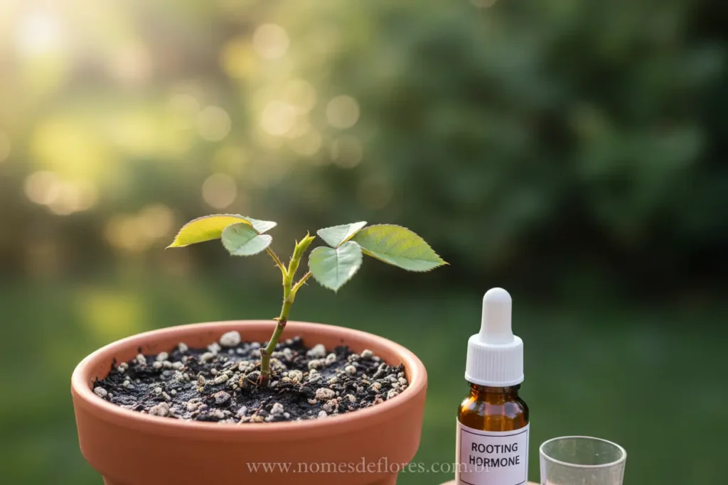 Propagação de rosa por estaca usando hormônio enraizador em pó