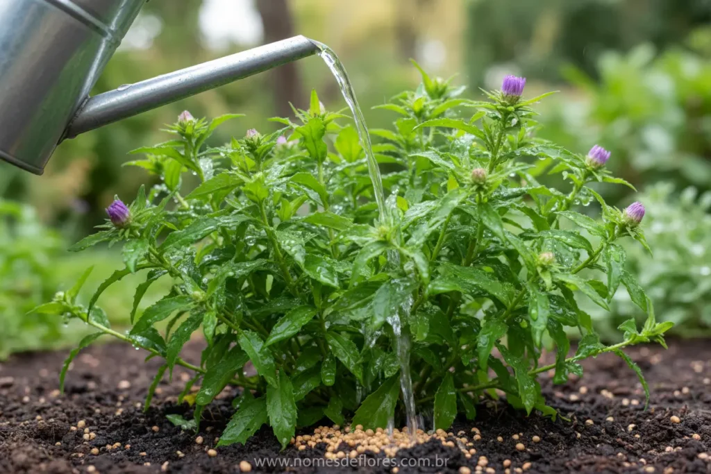 Regando e adubando Áster Arbustiva para florescimento vibrante