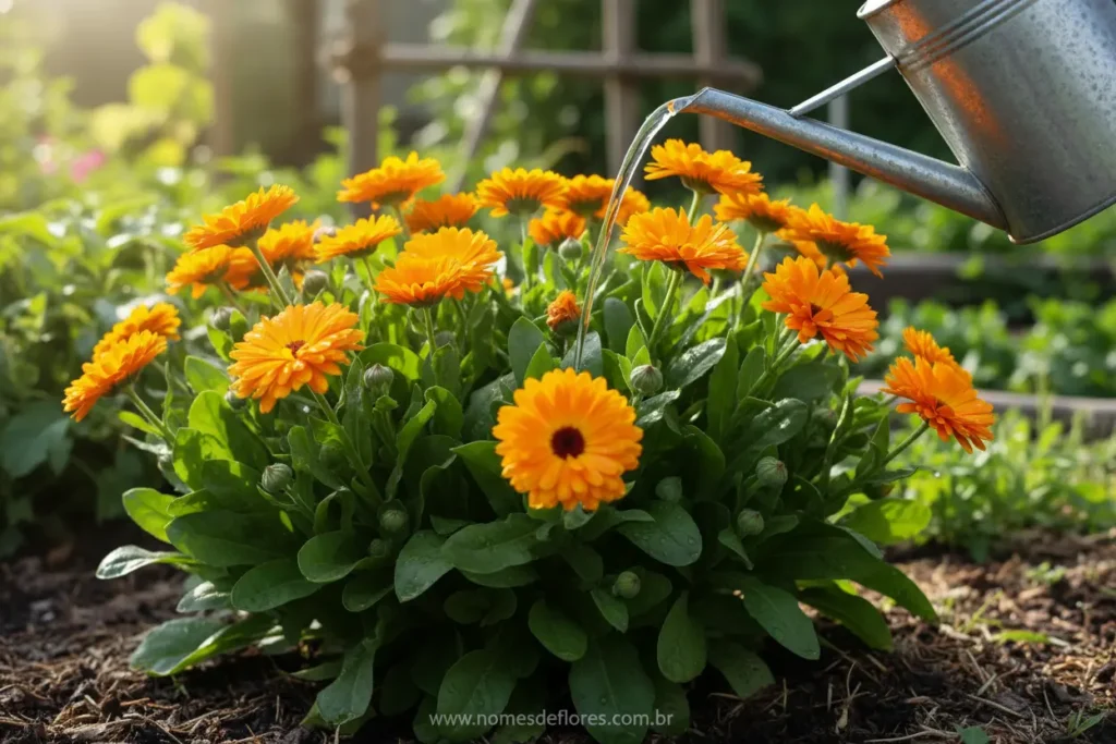Dicas de rega e cuidados essenciais para flores de Calêndula saudáveis.