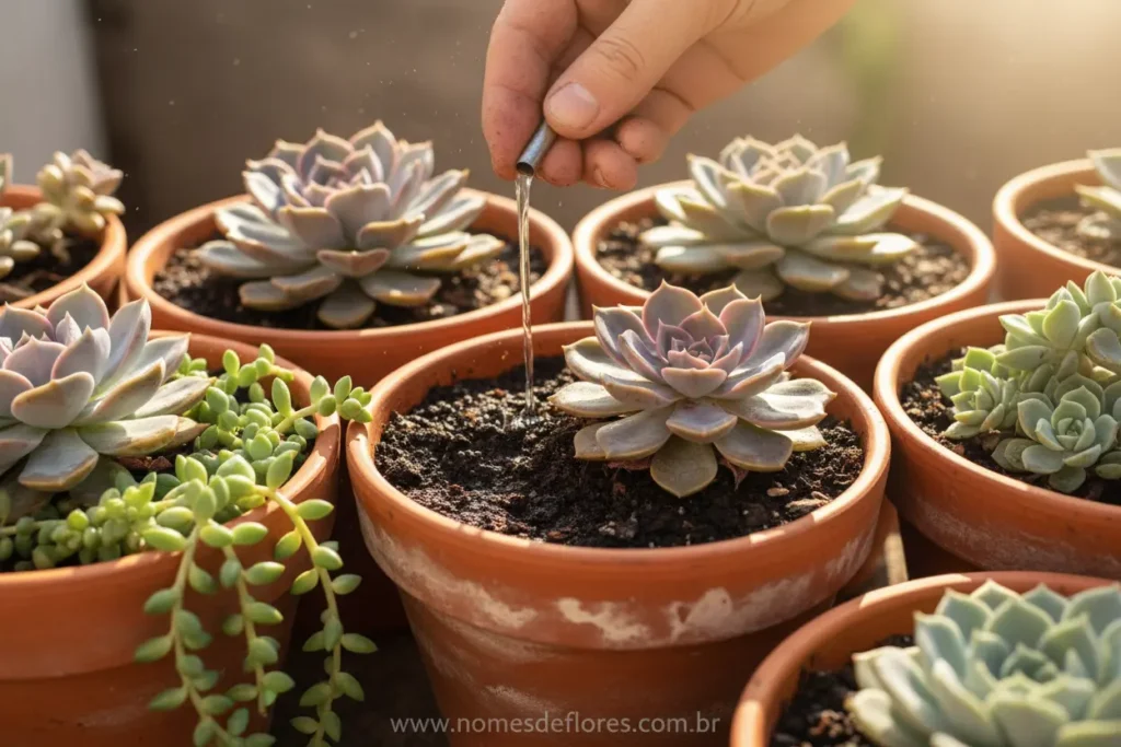 Pessoa regando cactos e suculentas em vasos com sol