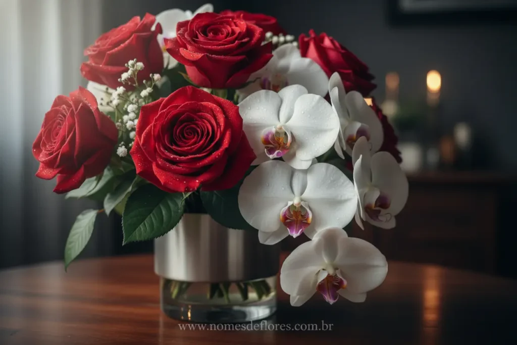 Rosas vermelhas e orquídeas em arranjos para amor.
