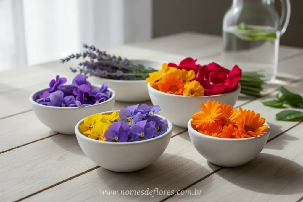 Seleção de flores comestíveis coloridas para receitas