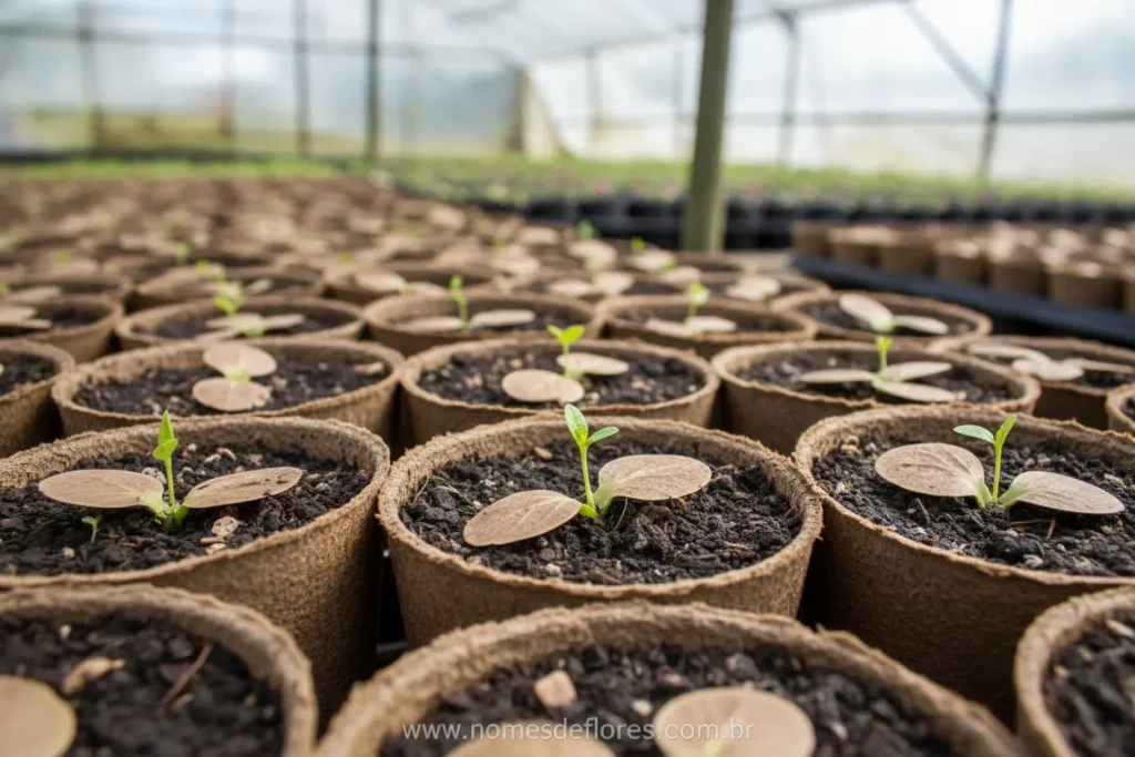 Sementes de Ipê germinando em vasos de plástico.