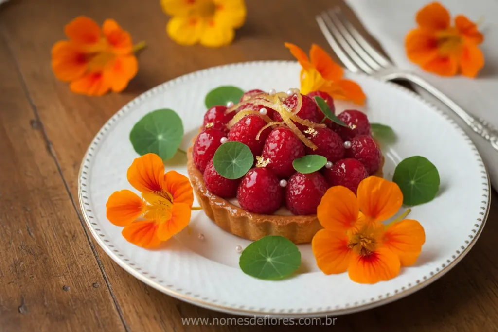 Sobremesa com flores de Capuchinha cristalizadas e frutas