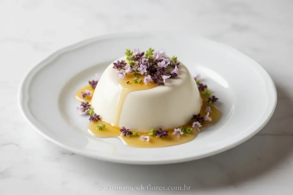 Sobremesa com flores de manjericão decorando um doce cremoso