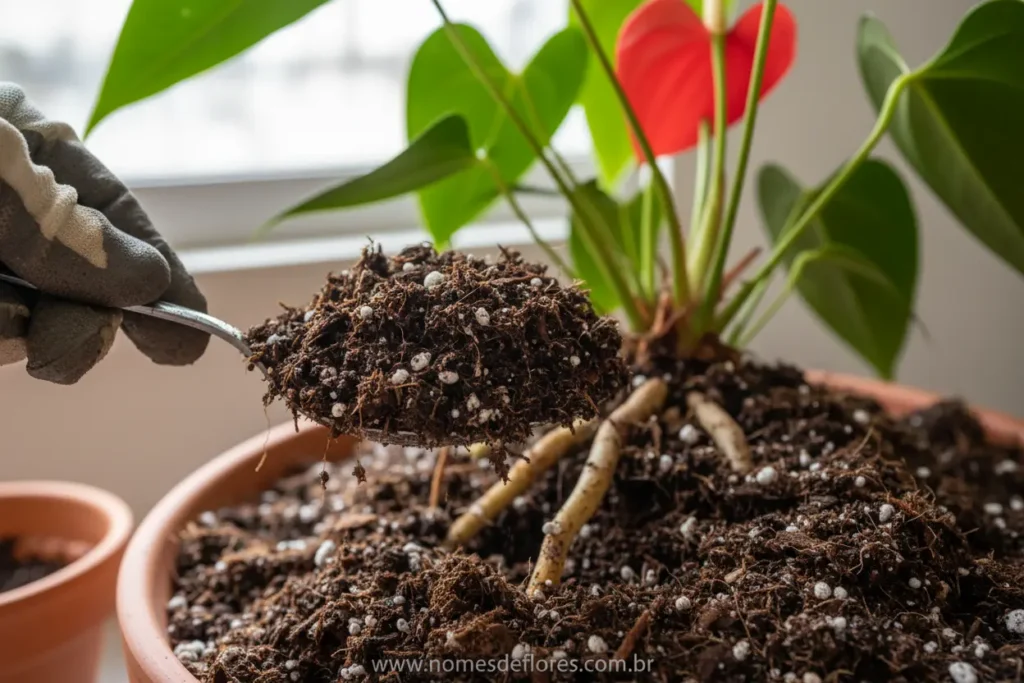 Mistura de substrato orgânico e perlita para Antúrio
